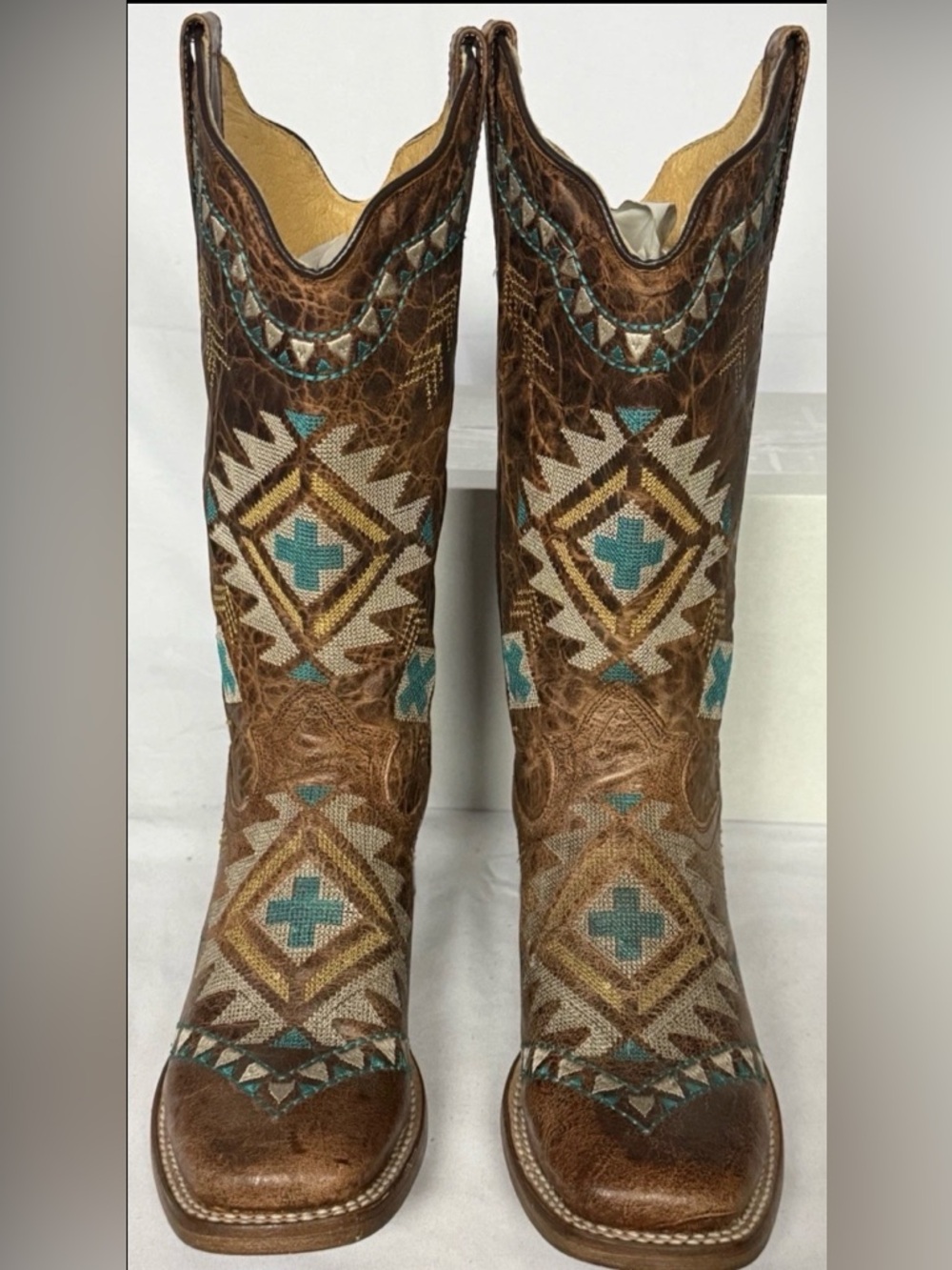 Roper Women's 5.5 Mai Aztec Cowboy Boots Brown Leather Turquoise Southwest 7022